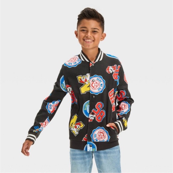 Boys' Super Mario brothers Varsity Jacket - Black XS, Small - Picture 1 of 4